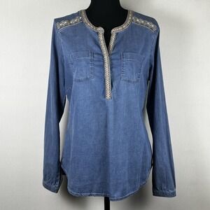 Aventura Women's Size Medium Denim Henley‎ Embroidered Shirt